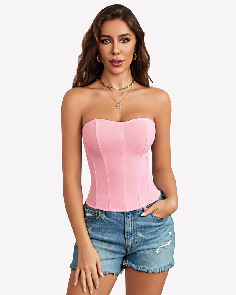 Mesh Strapless Corset Top Tie Back Boned Bustier
