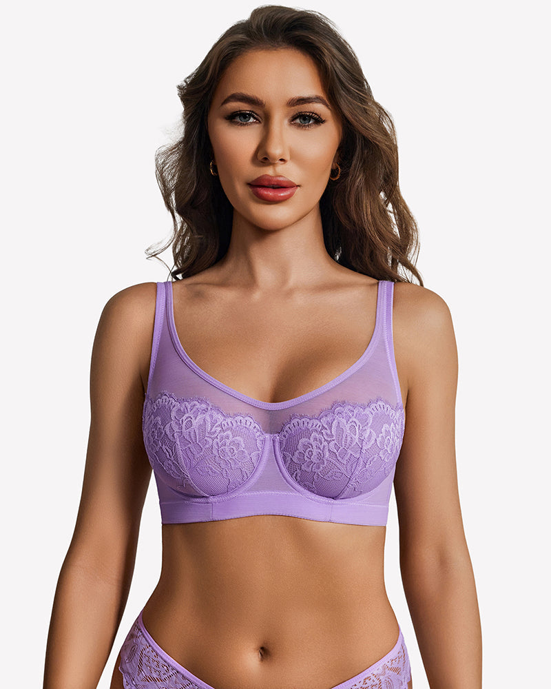 Full Coverage Sheer Mesh Lace Bra Underwire Unlined Everyday Lingerie