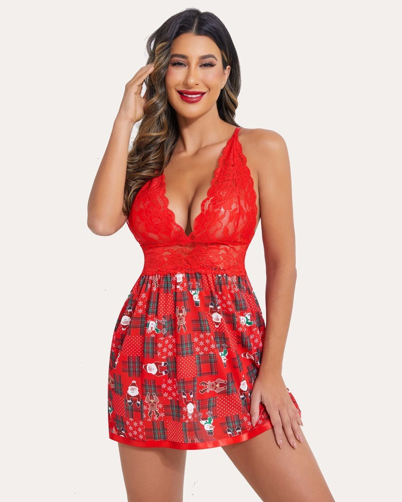 Lace Strap V Neck Mesh Nightgown