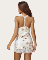 Floral Print Satin Lace Full Slips Dress