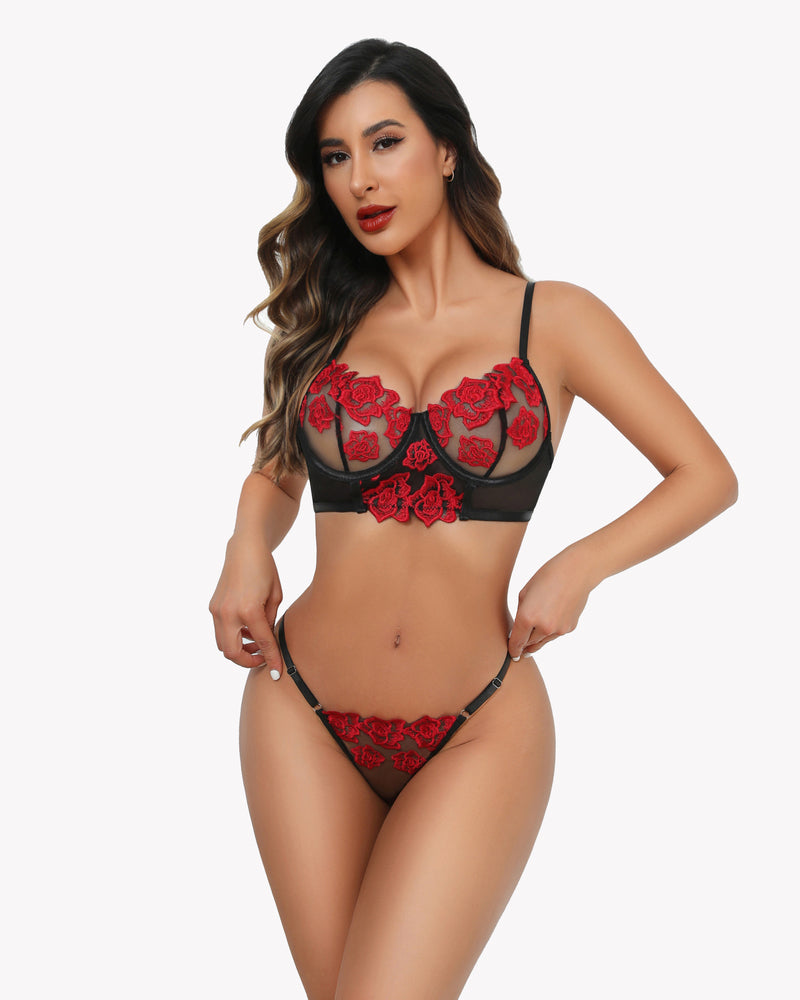 Embroidered Lace Bra and Panty Set