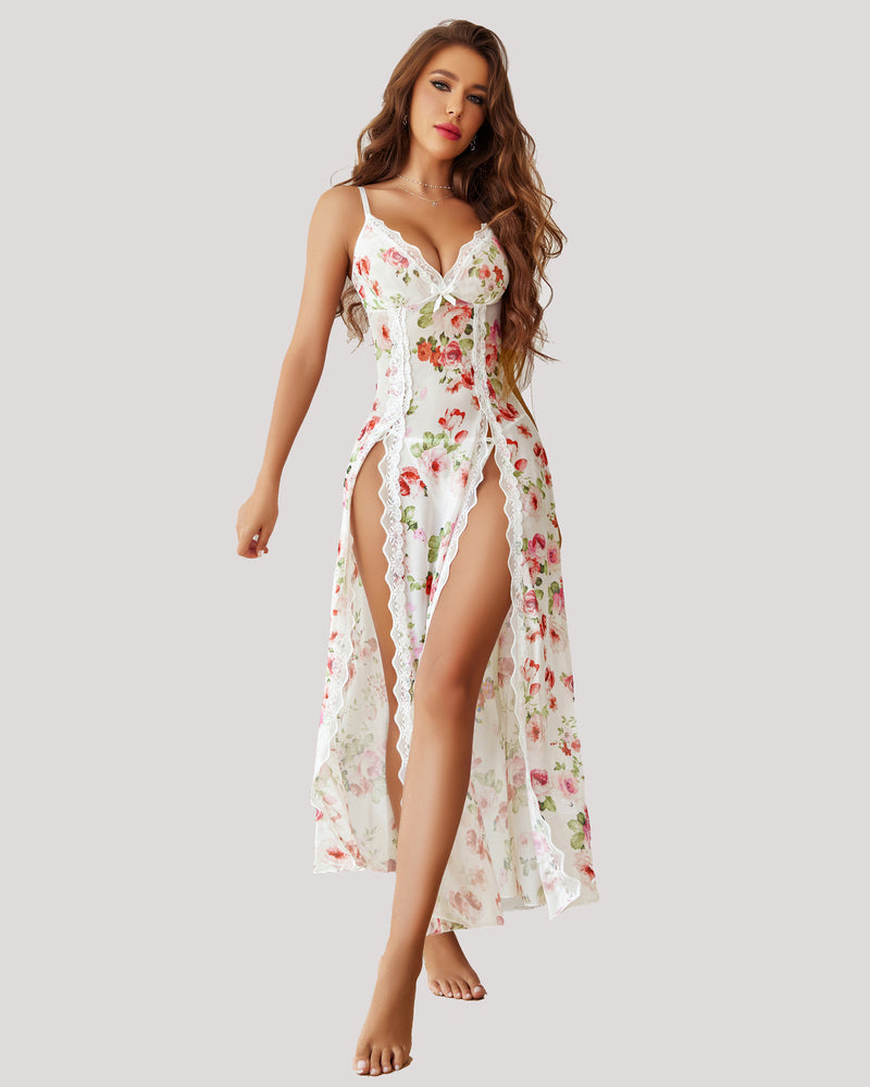 Sheer Lace Mesh Side Split Nightgown