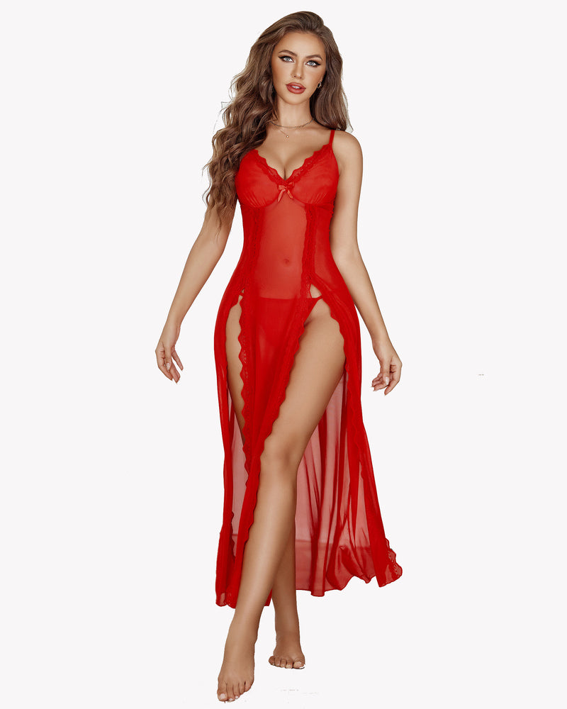 Sheer Lace Mesh Side Split Nightgown