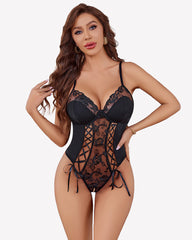 Lace Up Front Crotchless Bodysuit