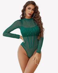 Long Sleeve Sheer Rhinestone Bodysuit