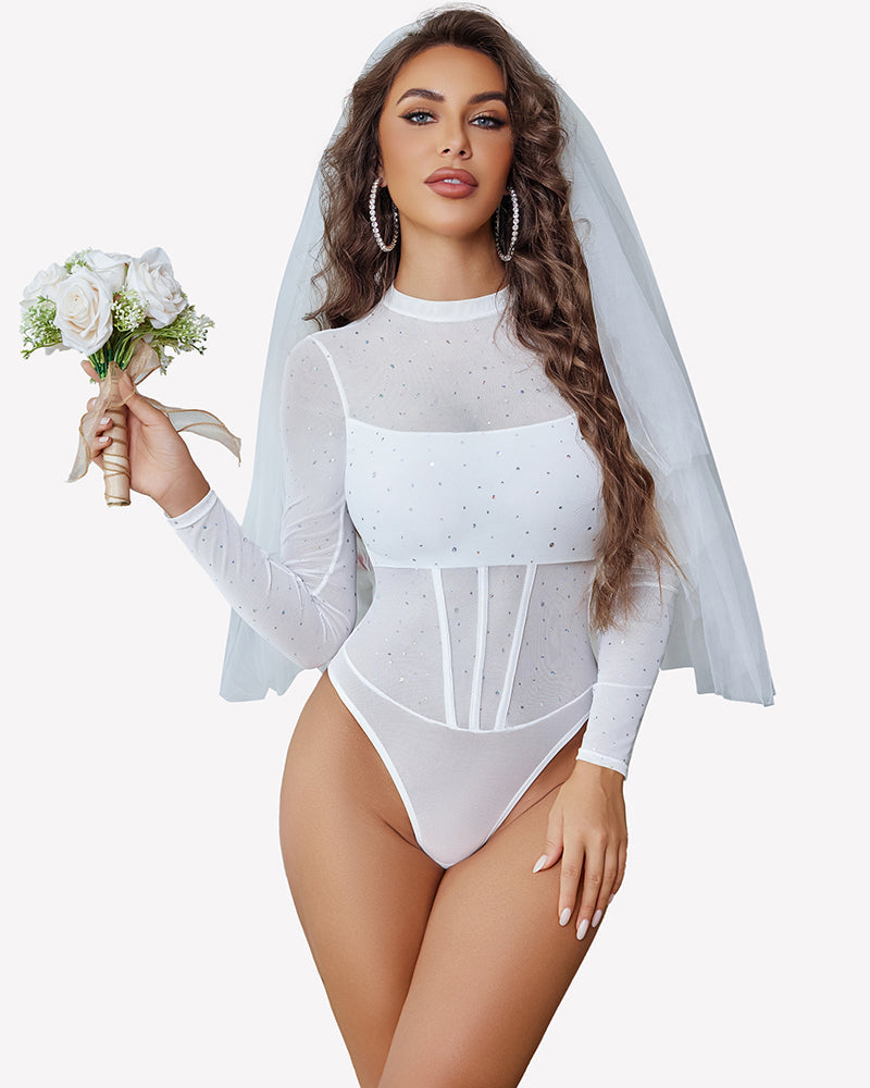 Long Sleeve Sheer Rhinestone Bodysuit