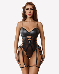 Leather Mesh Teddy With Garter Belt