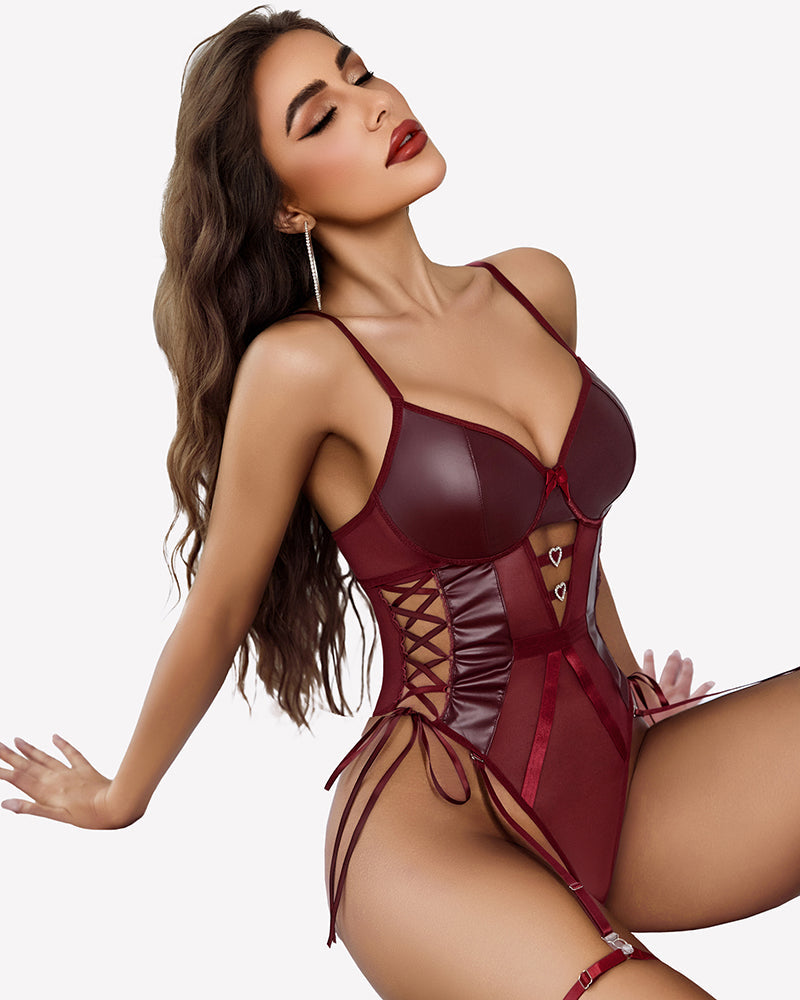 Leather Mesh Teddy With Garter Belt