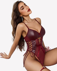 Leather Mesh Teddy With Garter Belt