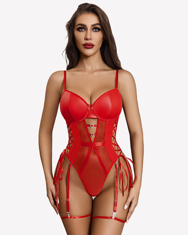Leather Mesh Teddy With Garter Belt
