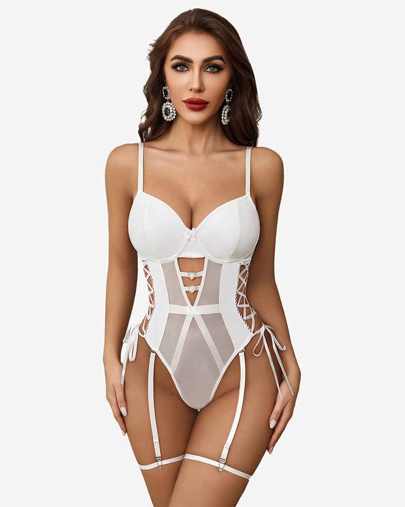Leather Mesh Teddy With Garter Belt