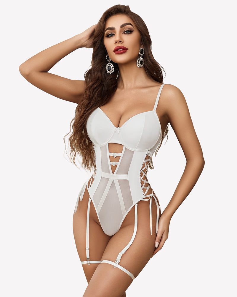 Leather Mesh Teddy With Garter Belt