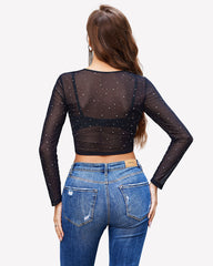 Rhinestone Mesh See Through Crop Top