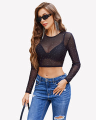 Rhinestone Mesh See Through Crop Top