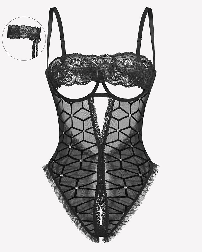 Lace V Neck Crotchless Teddy Lingerie