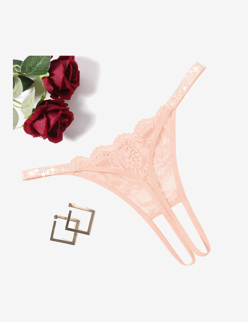 Floral Lace Briefs Rhinestones Strap Panties