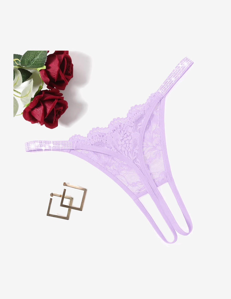 Floral Lace Briefs Rhinestones Strap Panties