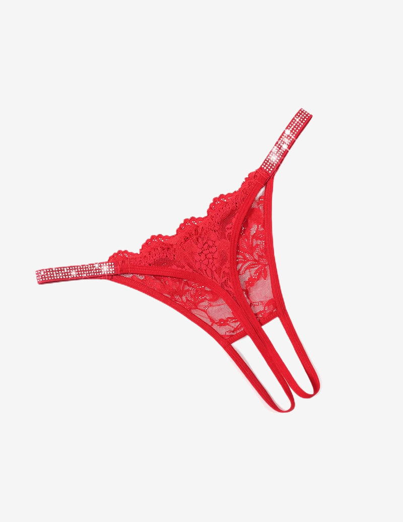 Floral Lace Briefs Rhinestones Strap Panties