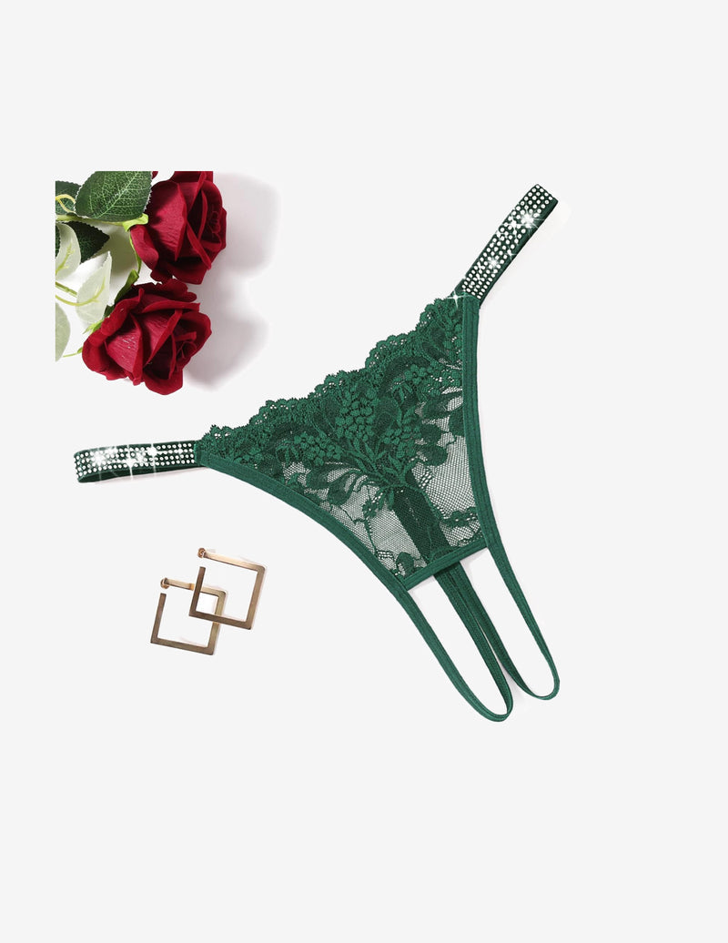 Floral Lace Briefs Rhinestones Strap Panties