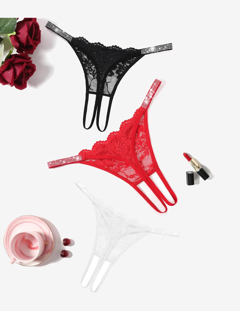 Floral Lace Briefs Rhinestones Strap Panties