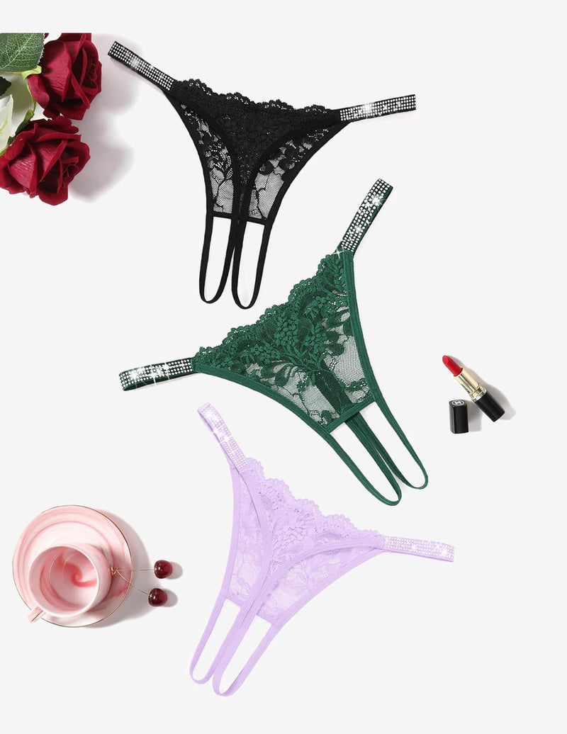 Floral Lace Briefs Rhinestones Strap Panties