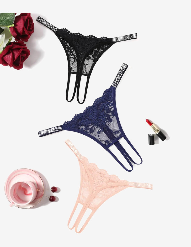 Floral Lace Briefs Rhinestones Strap Panties