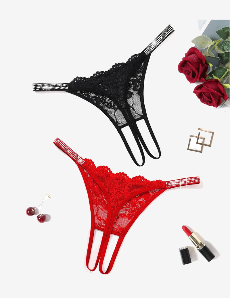 Floral Lace Briefs Rhinestones Strap Panties