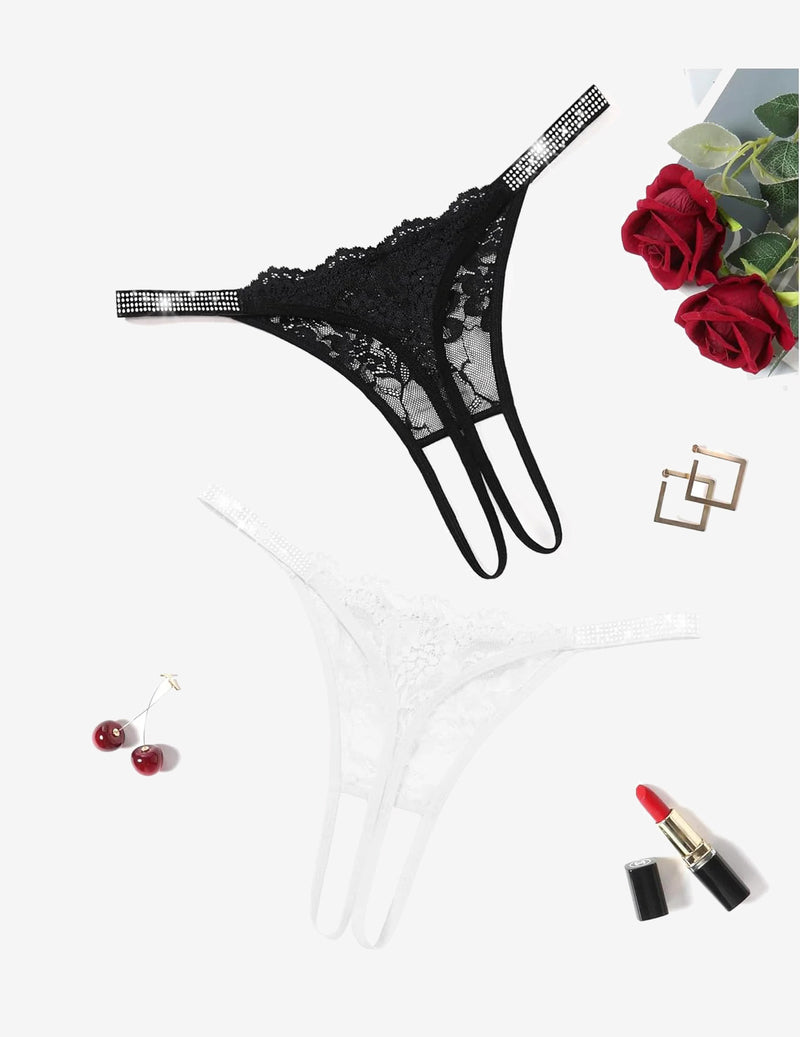 Floral Lace Briefs Rhinestones Strap Panties