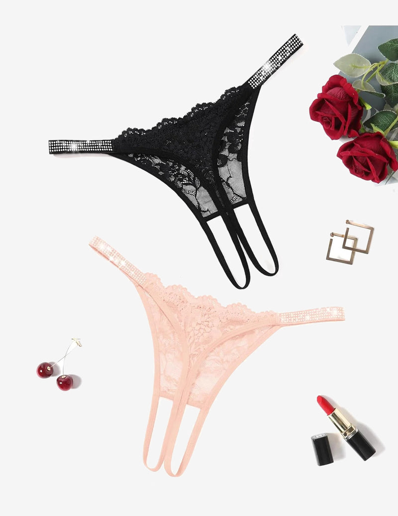 Floral Lace Briefs Rhinestones Strap Panties
