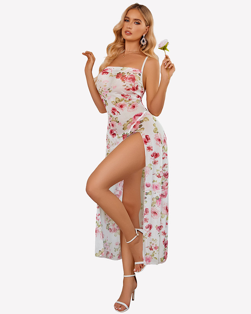 Floral Print Mesh Side Split Nightgown