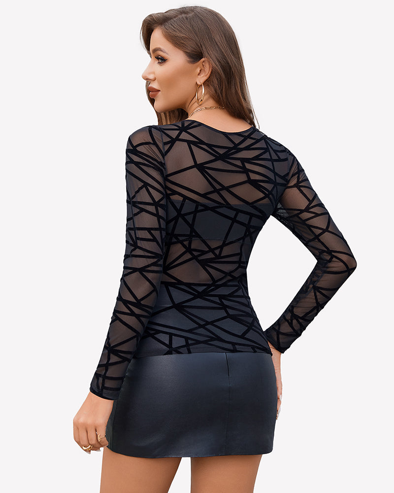 Mesh Floral Long Sleeve Tops