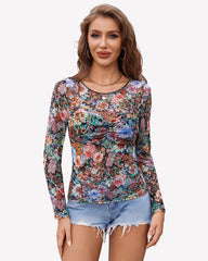 Mesh Floral Long Sleeve Tops