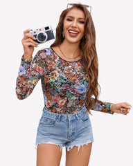 Mesh Floral Long Sleeve Tops