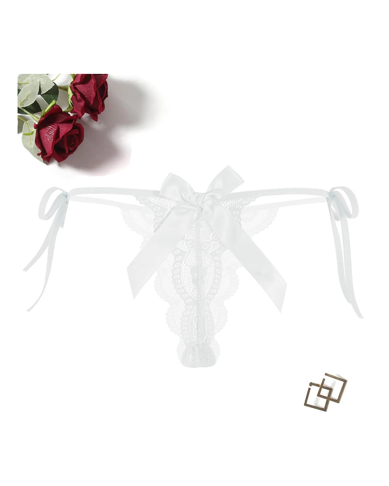 Floral Lace Tangas With Bow And Pearl