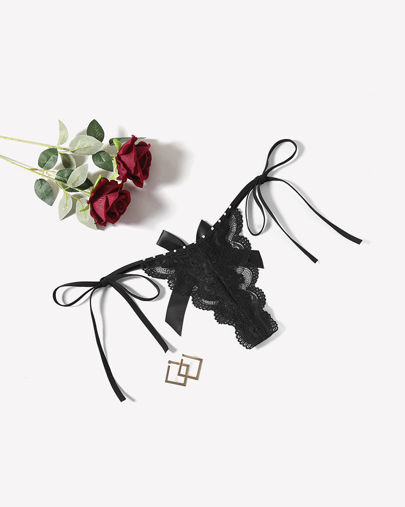 Floral Lace Tangas With Bow And Pearl