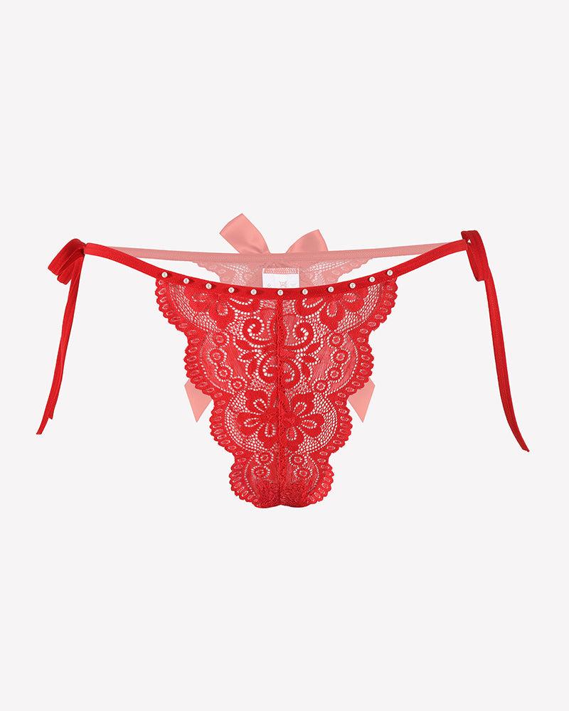 Floral Lace Tangas With Bow And Pearl