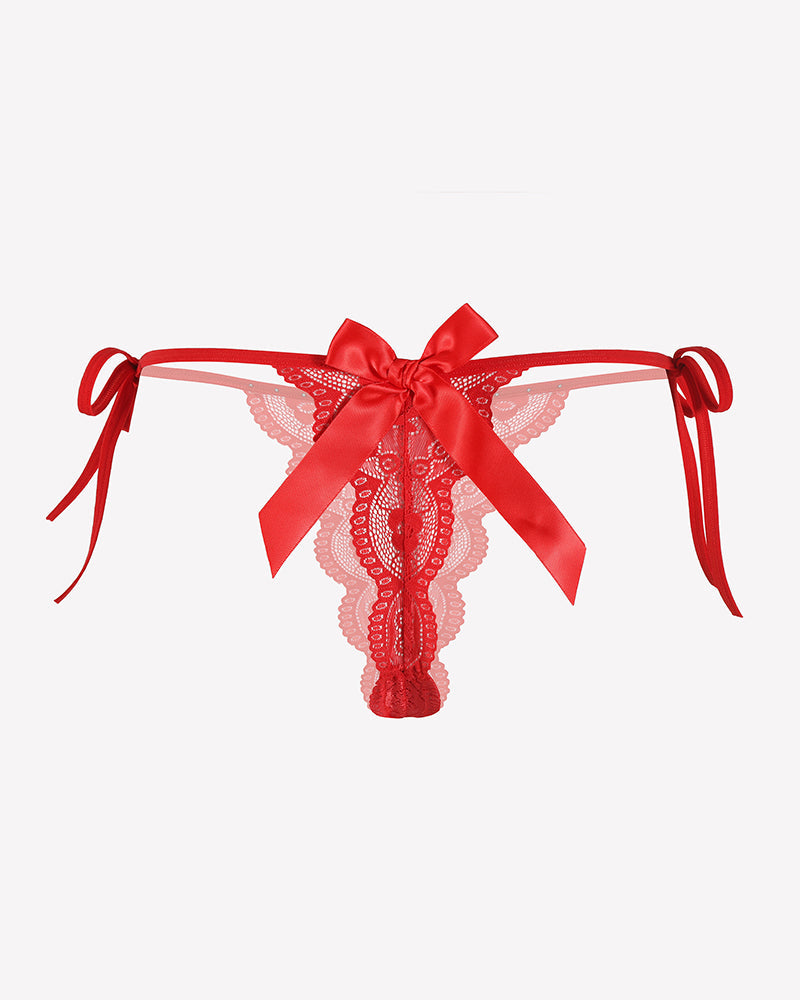 Floral Lace Tangas With Bow And Pearl