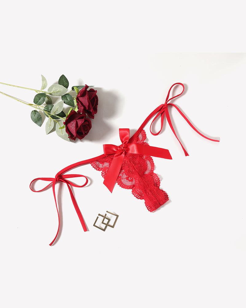 Floral Lace Tangas With Bow And Pearl