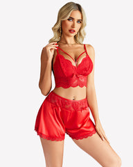 Lace Bra and Silk Satin Shorts with Mesh Robe