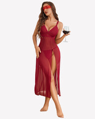 Split Mesh Lace Floral Dress with Thong Set