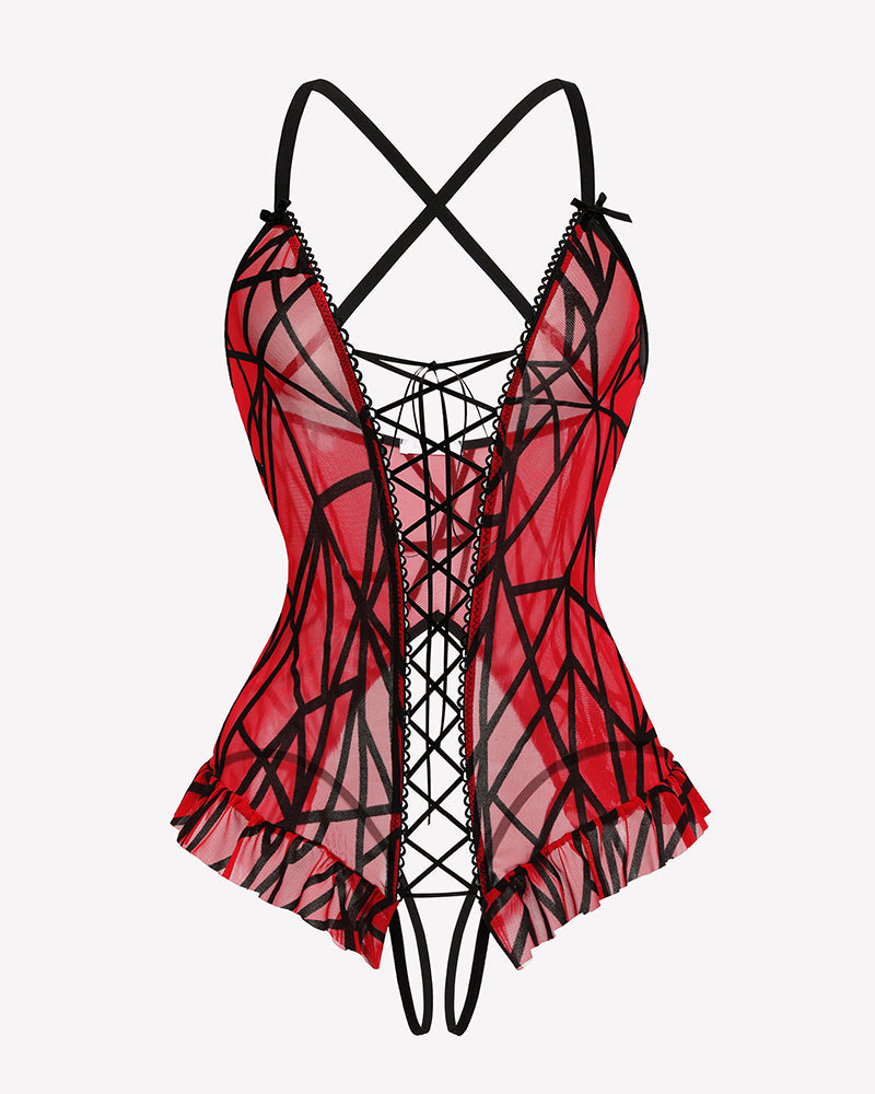 Floral Print Corset Ruffle Lace Up Bodysuit