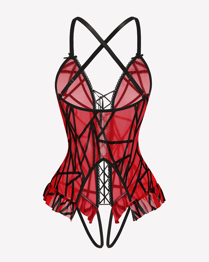 Floral Print Corset Ruffle Lace Up Bodysuit