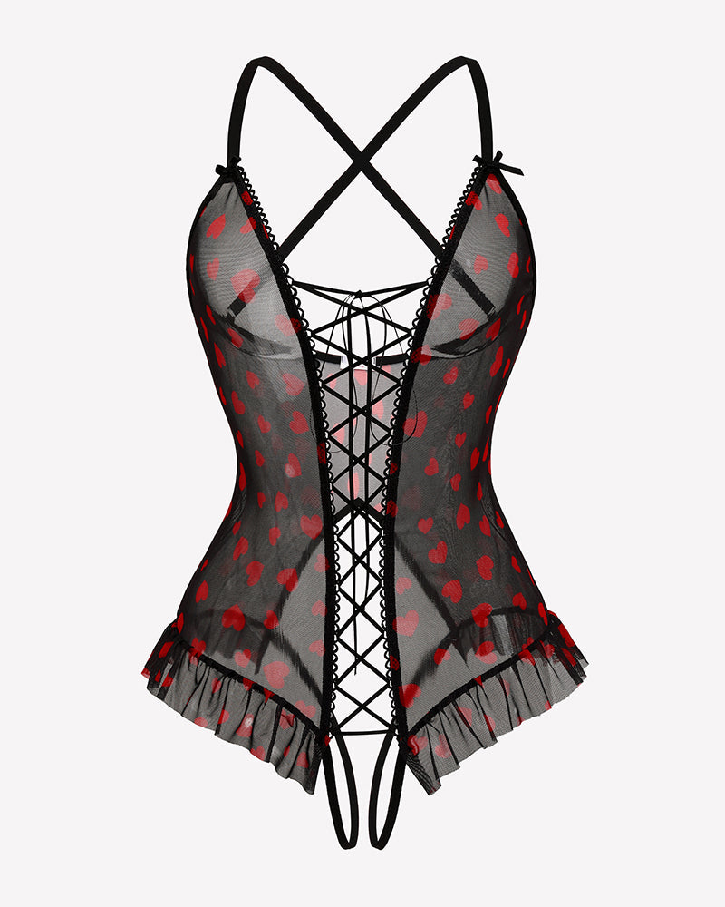 Floral Print Corset Ruffle Lace Up Bodysuit