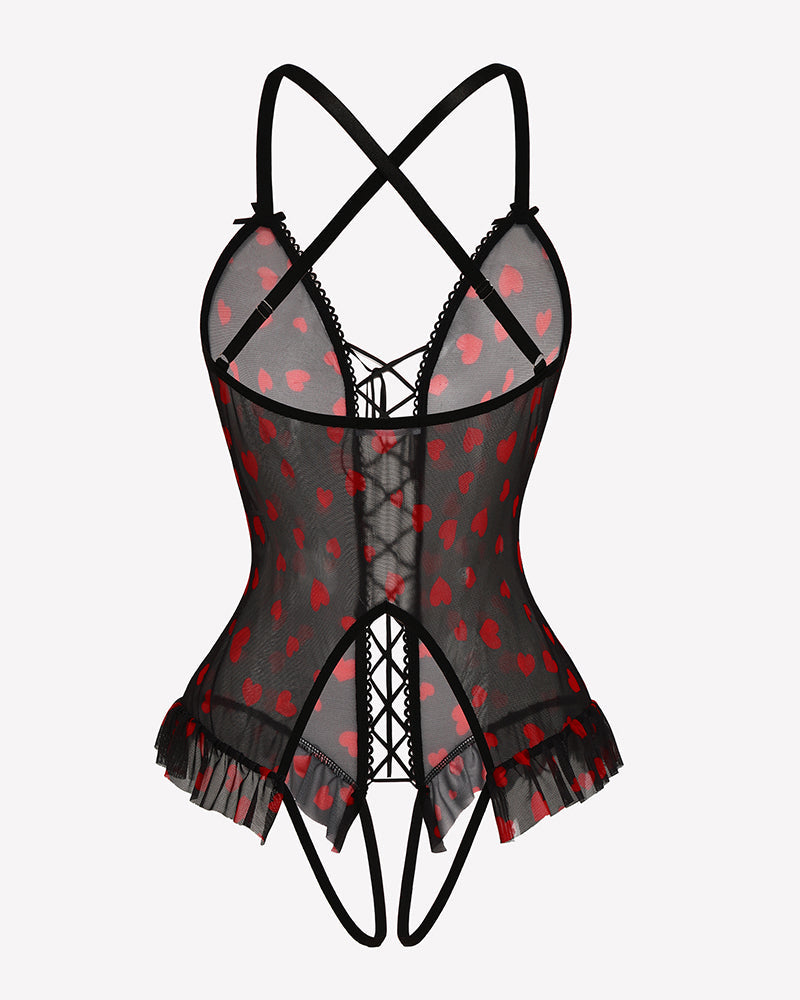 Floral Print Corset Ruffle Lace Up Bodysuit
