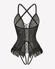 Floral Print Corset Ruffle Lace Up Bodysuit