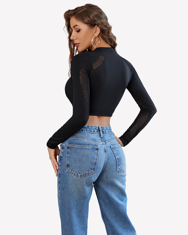 Long Sleeve Fishnet Top Cut Out Top