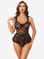 Heart Sheer Mesh Lace Bodysuit with Belt
