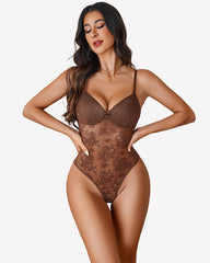Lace Bodysuit Deep V Snap Crotch One Piece