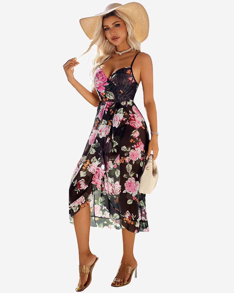 Faux Wrap V Neck Ruffle Hem Midi Dress