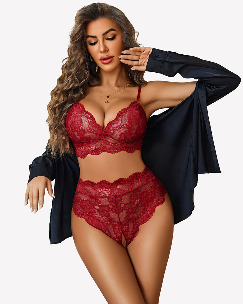 Hight Waisted Bra and Crotchless Panty Set